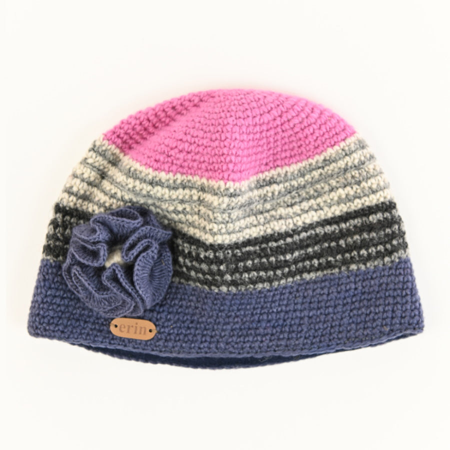 Crochet Cap With Corsage Blue/Pink