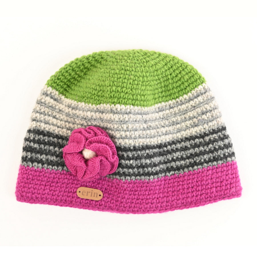 Crochet Cap With Corsage Pink/Green