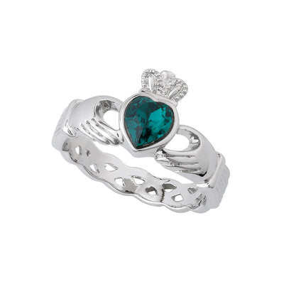 RHODIUM PLATED GREEN CRYSTAL CLADDAGH RING