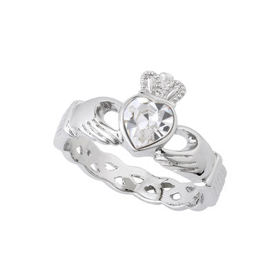 Rhodium Plated White Crystal Claddagh Ring