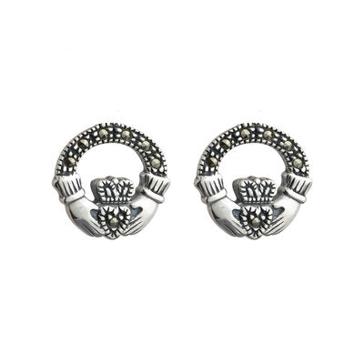 SILVER MARCASITE CLADDAGH STUD EARRINGS