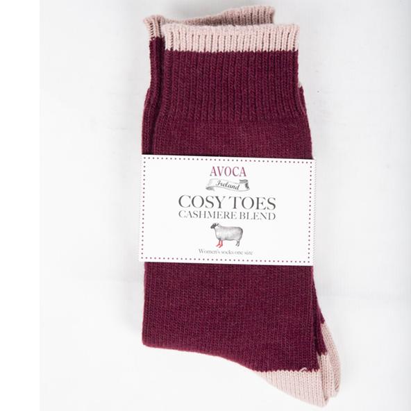 AVOCA Cozy Toes Women's Socks Cashmere Blend - Burgundy/Pink