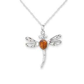 OUTLANDER INSPIRED DRAGONFLY SILVER PENDANT WITH AMBER